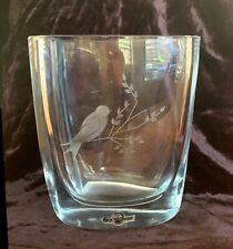 Strombergshyttan Sweden MCM Blue Art Glass Heart Vase 6.25” Engraved Swallow