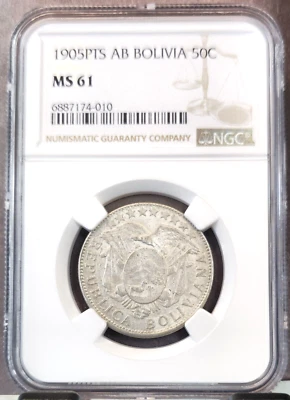 1905 BOLIVIA SILVER 50 CENTAVOS NGC MS 61 SCARCE BEAUTIFUL COIN - Image 1 of 3