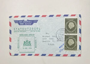 Curazao Países Bajos 1954 primer día de emisión cubierta postal - enviada por correo a Seattle WA - Imagen 1 de 2