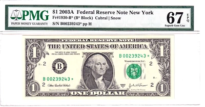 2003-A $1 FRN New York Only 320k Printed **STAR** PMG 67EPQ #B00239243* - Image 1 of 2