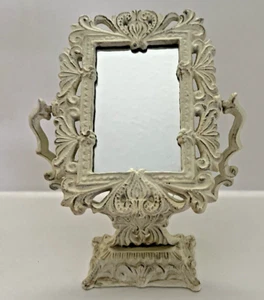 VTG Small Square Vanity Mirror Ornate Tilting on Stand White Painted Cast Iron - Picture 1 of 17