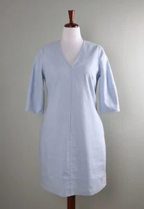 ELIE TAHARI $328 Solid Blue Lined V-Neck Lantern Sleeve Linen Dress Size 10 - Picture 1 of 6