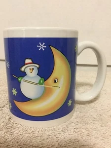 Weihnachten Keramik Schneemann Mond Becher Tasse Urlaub Winter blau weiß gelb - Bild 1 von 12