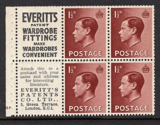 1936 11⁄2d КРАСНЫЙ КОРИЧНЕВЫЙ KEVIII РЕКЛАМА 'EVERITTS' U/M БУКЛЕТ ПАНЕЛИ ИЗ ШЕСТИ. SG 459a - Изображение 1 из 1