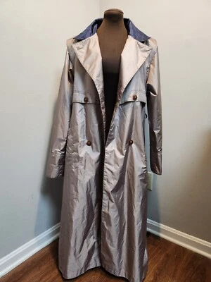 Vintage J. Gallery Shiny Beige Trench Coat With Navy Blue Liner Sz 7/8 - Image 1 of 4