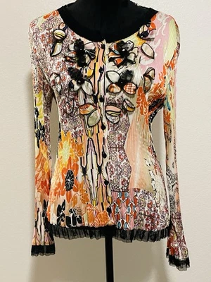 Vintage 90’s Alberto Makali Crinkle Lace Trimmed Applied Flowers Top Size L - Image 1 of 4