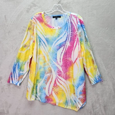 Calessa Tunic Womens Large Bright Burnout Tie Dye Top Asymmetrical Hem Artsy New - Image 1 of 4