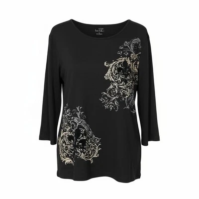 Camisa Nicki Nicole Miller negra floral manga 3/4 para mujer talla grande Foto 1 de 4