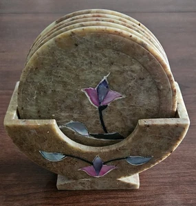 Vintage Speckstein 5er Set Untersetzer mit Intarsien Perlmutt Blumenmuster  - Bild 1 von 15