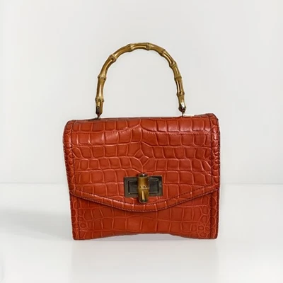 Kate Spade Croc Embossed Bamboo Handle Orange Handbag Purse With Shoulder Strap - Image 1 of 4