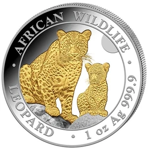 Moneda de plata de 1 oz 2024 República Somalí vida silvestre africana leopardo oro prueba dorada - Imagen 1 de 3