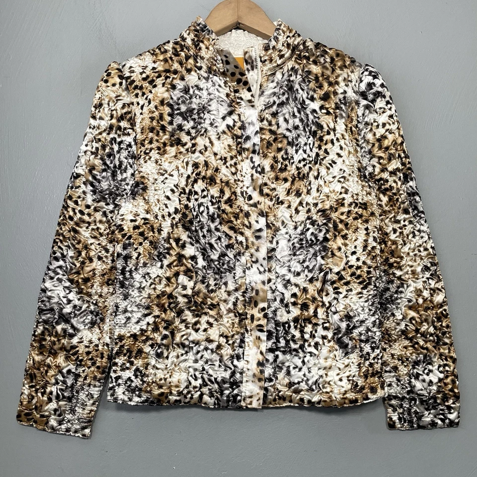 Ruby Rd Leopard Print Jacket Size Small Textured Crinkle Satin Artsy Mob Wife - Image 1 of 4