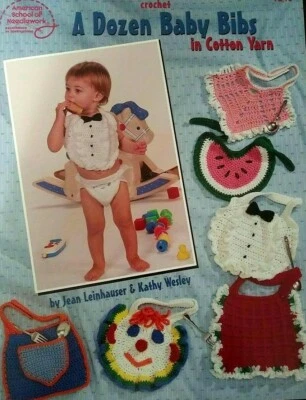 A Dozen Baby Bibs: crochet in cotton yarn, tuxedo, rainbow, watermelon, clown + - Image 1 of 2