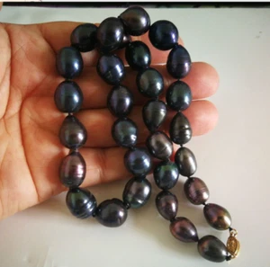 Vintage 10-12 mm 100% natural Tahitian black  pearl necklace 18 " 14 k gold  - Picture 1 of 4