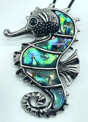 Necklace/ Brooch Silver Tone Abalone Seahorse on 18" Black Cord w/2" ext. - Image 1 of 4
