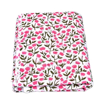 10 Yards Pink Floral Hand Block Printed Cotton White Base Twill Weave cloth - Image 1 of 4