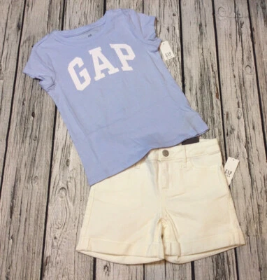 Gap Kids Girls 6 Light Blue Sparkle Logo Shirt & White Denim Shorts Outfit. Nwt - Image 1 of 4