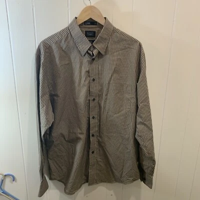 Haggar No Iron 100% Cotton Brown Striped Long Sleeve Dress Shirt Sz L - Image 1 of 4