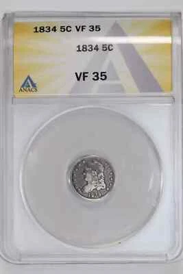 BUSTO TAPADO MEDIA MONEDA DE DIEZ CENTAVOS 1834 ANACS VF35 Foto 1 de 2