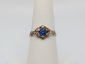 10k Victorian Gold Sapphire Seed Pearl Ring Wedding Cocktail Promise Band - Picture 1 of 8