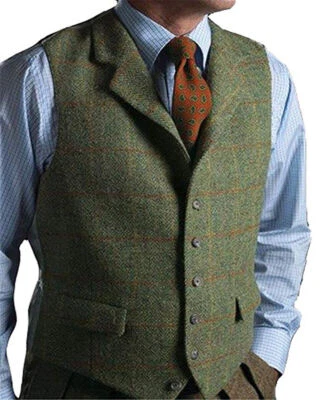 Mens Tweed Plaid Vest Vintage Western Windowpane Formal Wool Vests Large XL 2XL - Image 1 of 4