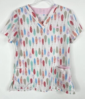 Sanibel Scrubs Top Womens Size S White Colorful Feathers Pockets Medical Nursing - Image 1 of 4