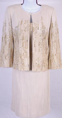 ST.JOHN Womens 2Pc Knit Cream Gold Silver Studs Rhinestone Jacket & Dress Sz 2 - Image 1 of 4