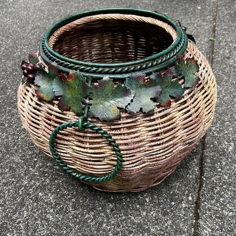 Vintage Large Woven Basket Metal Rim Handles Grapes Vines Leaves Storage 11 LBS Cover