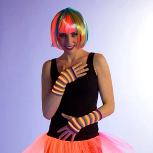 Bunte 80er Jahre Neon Handschuhe fingerlose Netzhandschuhe Neonhandschuhe Kostüm - Bild 1 von 1