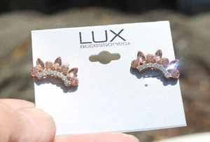LUX Earrings Gold Tone Pink & Clear Rhinestones Crown Shape Pierced - Picture 1 of 7