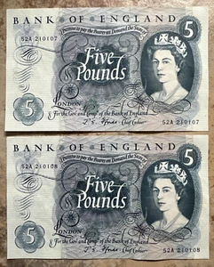 Consecutive Pair Of Fforde 1967 Five £5 Pound Notes Uncirculated 52A 210107/8 - Picture 1 of 2