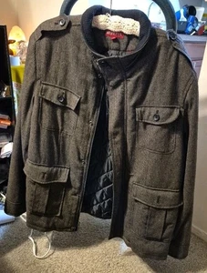 Merona Men's Jacket XL Gray Black Lots Of Pockets Wool Blend Lined Excellent - Picture 1 of 19