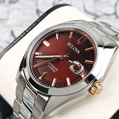 Men's Bulova Surveyor 98B422 Burgundy Red Dial Stainless Automatic Watch W/ Date - Image 1 of 4