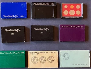 US 7 PROOF COIN SETS (1969 TO 1998) AND 2 ONE DOLLAR SOUVENIR SETS 1979 AND 1980 - Picture 1 of 12