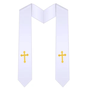White Clergy Stole, Embroidered Cross, Pastor, Wedding Officiant Priest Robe - Picture 1 of 7