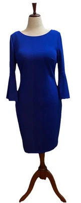Calvin Klein Sheath Dress Womens Size 12 Royal Blue 3/4 Bell Sleeve Mid-Calf - Image 1 of 4