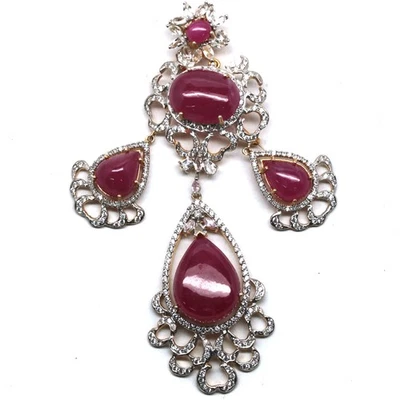 925 Sterlingsilber 21 x 27 Mm. Pink Rubin & Weiß Zirkonia Brosche & Anhänger - Bild 1 von 4