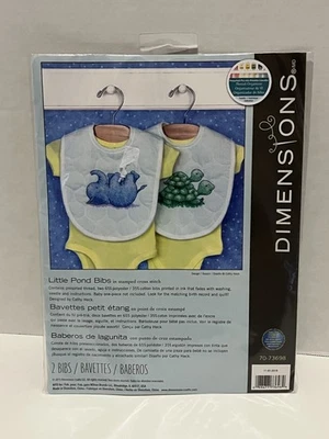 New Dimensions Little Pond baby bibs stamped cross stitch kit elephant turtles - Image 1 of 4
