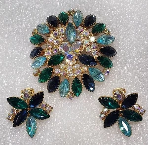 Vintage Large Greens, Blue & Teal AB Glass Flower Brooch & Earring Set C567 - Picture 1 of 12