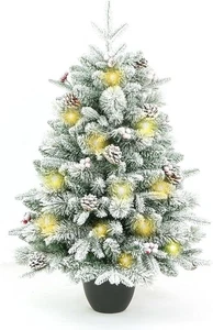 90cm Christmas Tree Decorated w Pinecones Red Fruit Strings Thin Snow Tree w Pot - Picture 1 of 7