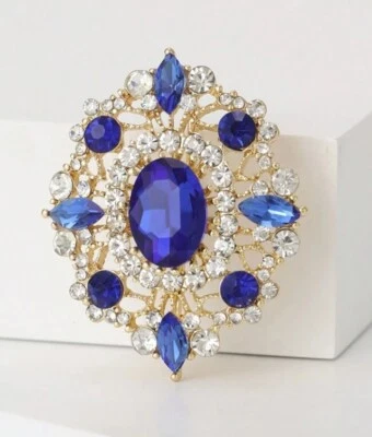 New 💘 Gold Plated Retro Glass Rhinestone Blue Crystal Wedding Garment Decor - image 1 of 4
