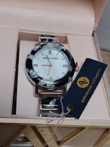 Adrienne Vittadini Silver Tone Quartz Women Watch Black & Mother Of Pearl Ivory - Picture 1 of 22