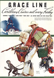 1938 Grace Line: Crociere ai Caraibi navigano ogni venerdì pubblicità stampa d'epoca - Foto 1 di 1