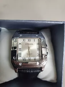 Unused Stylish Strada Men white & Silver Square Japan Quartz Watch Black band - Picture 1 of 1