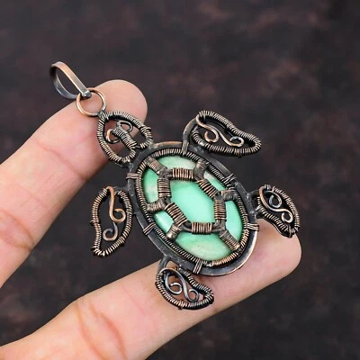 Gift For Her Copper Variscite Jewelry Wire Wrapped Tortoise Pendant 2.99" - Image 1 of 4