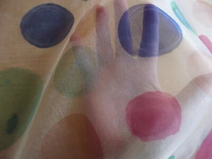 Big Colorful Dots Print on Beige Metallic/Shiny Sheer Fabric- 60" W -by the Yard - Picture 1 of 6