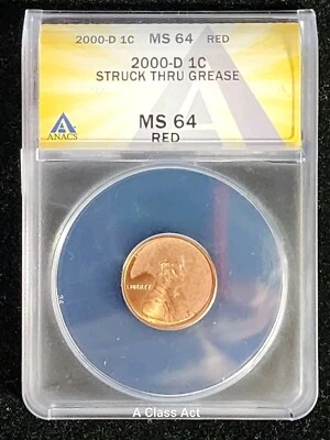 2000 D 1c Lincoln Cent Struck Through Grease ANACS MS64 Red. BEAUTY! Our T8220 - Image 1 of 4
