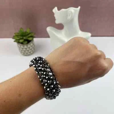 Pulsera elástica de metal con estrás de peltre negro plateado glamour para mujer joyas Foto 1 de 4