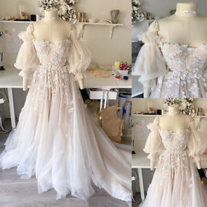 Retro Plush Pink Wedding Dresses Off the Shoulder Puff Sleeves Lace Appliques