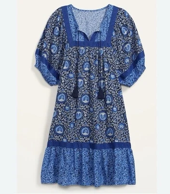 Old Navy Dress Womens M Blue Floral Patchwork Prairie Cottagecore Boho Peasant - Image 1 of 4